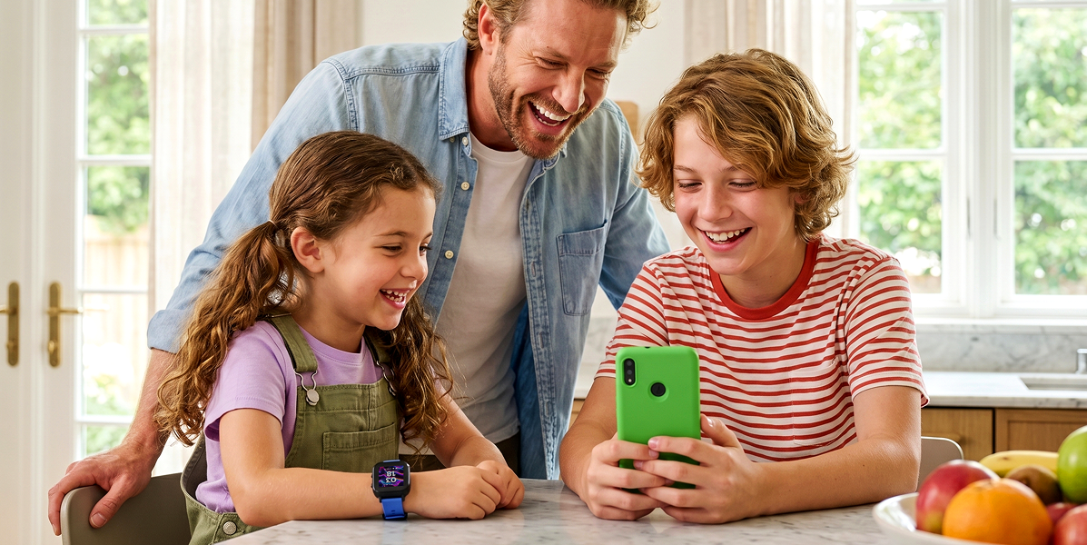 Dad, son, and daughter with their gabb phones and gabb watches