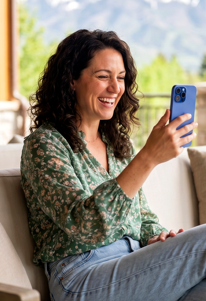 mom smiling on a video call on her phone with her kid