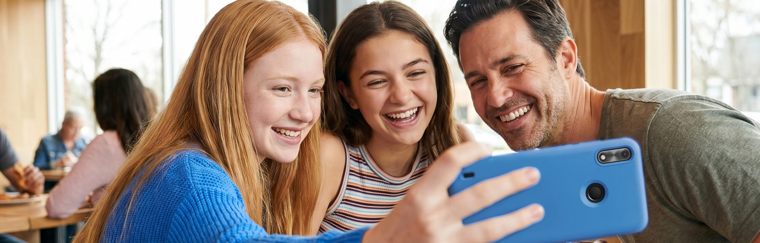 a father, his daughter, and the daughter's friend are taking a selfie with a gabb phone