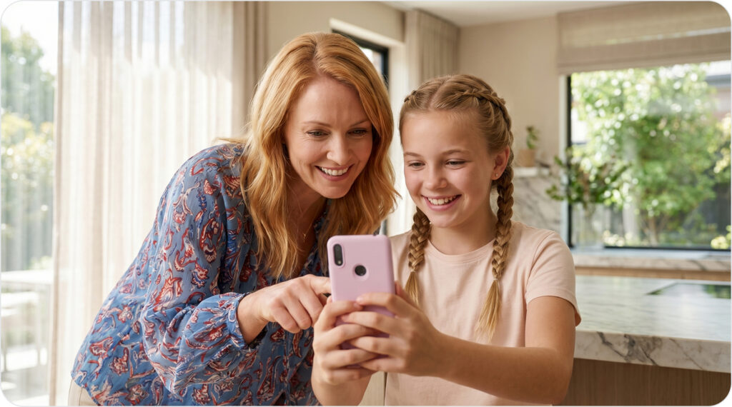 A mother and daughter looking at a Gabb phone in the young girl's hand