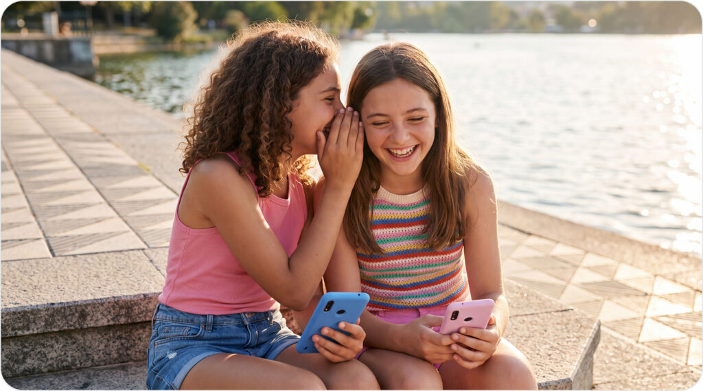 Two young girls laughing and talking to each other