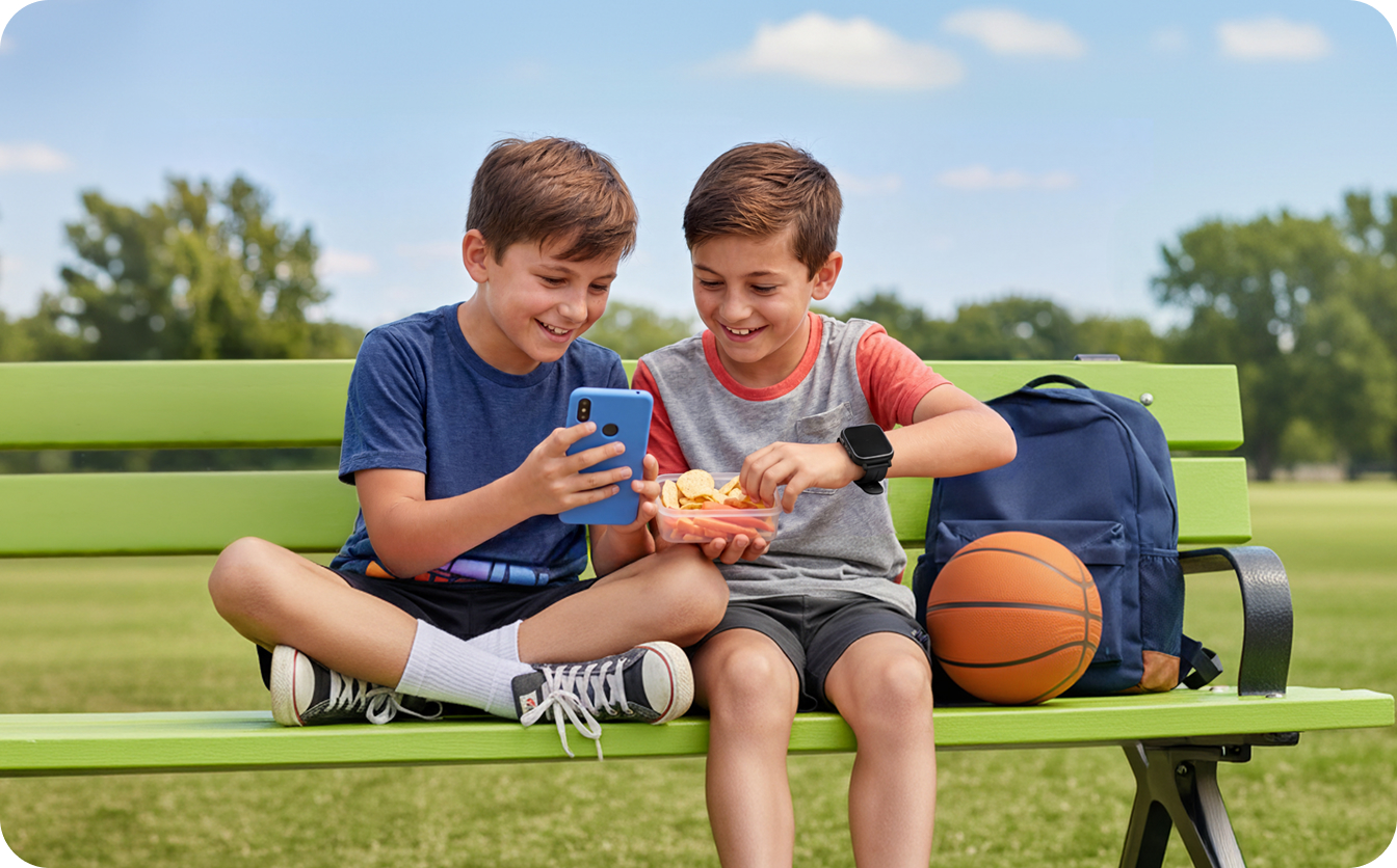 Two boys sitting on a park bench looking at a Gabb phone