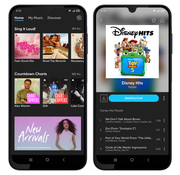 two phones showing different screens within Gabb Music