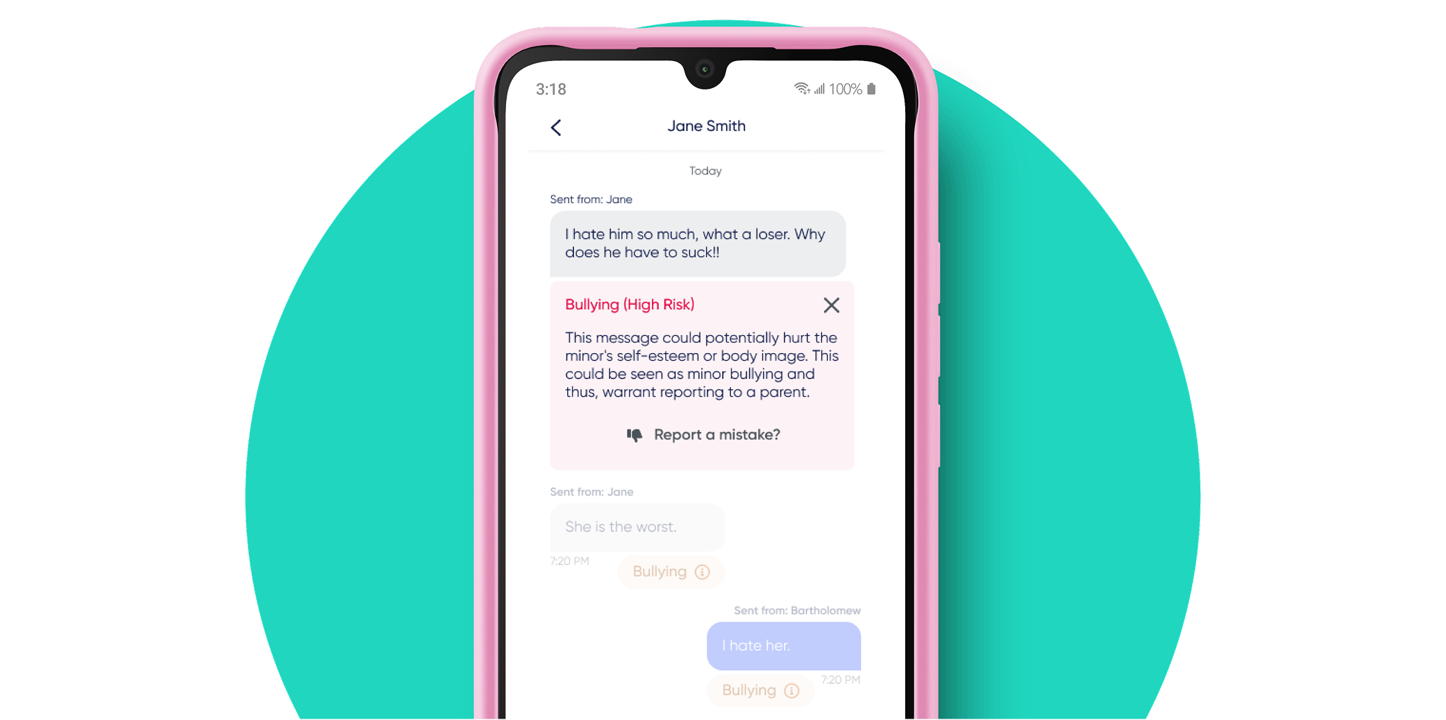 Gabb phone showing a flagged message in a conversation