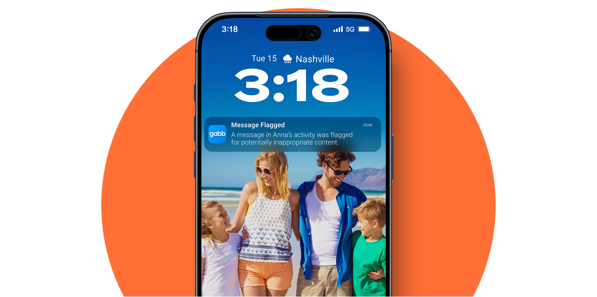 Phone lock screen showing a flagged-message alert from Gabb