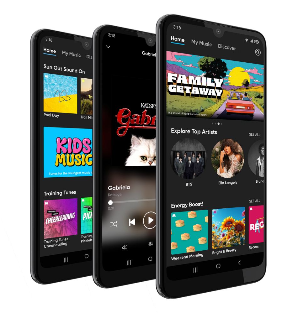 three phones showing Gabb Music playlists and the now-playing screen