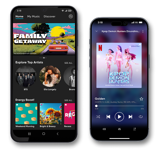 two phones showing gabb music being available in the App Store and Google Play