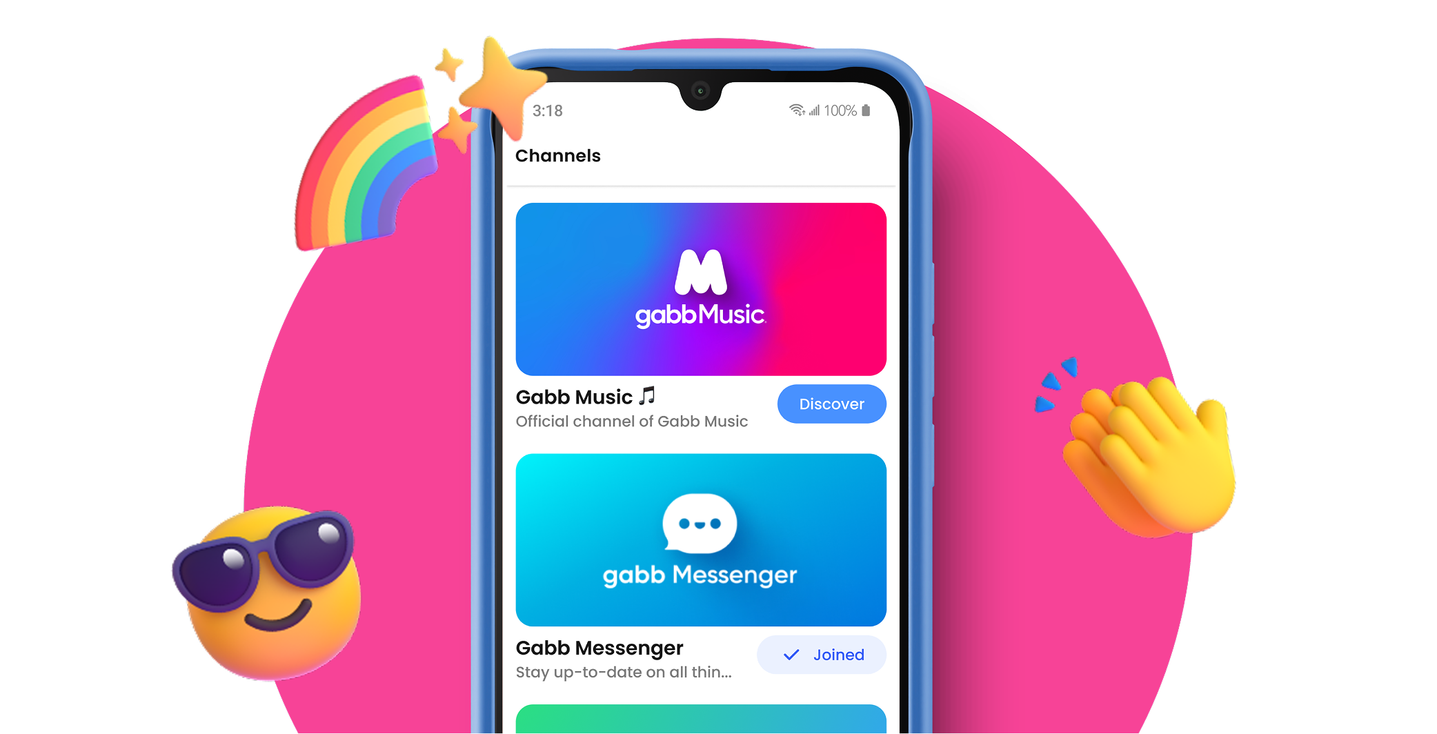 Gabb phone showing the Gabb Messenger Channels list