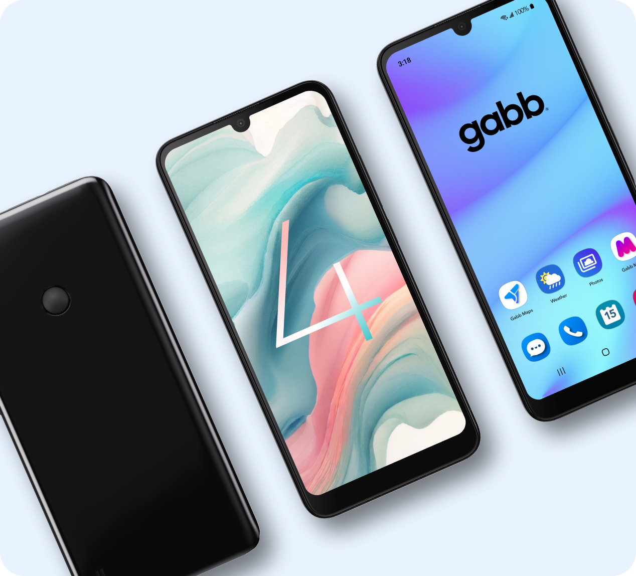 Three Gabb Phone 4 devices on a light blue background