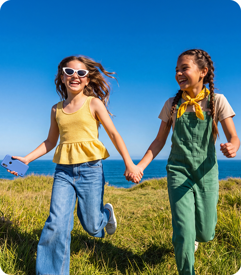 Two girls running through a field holding hands