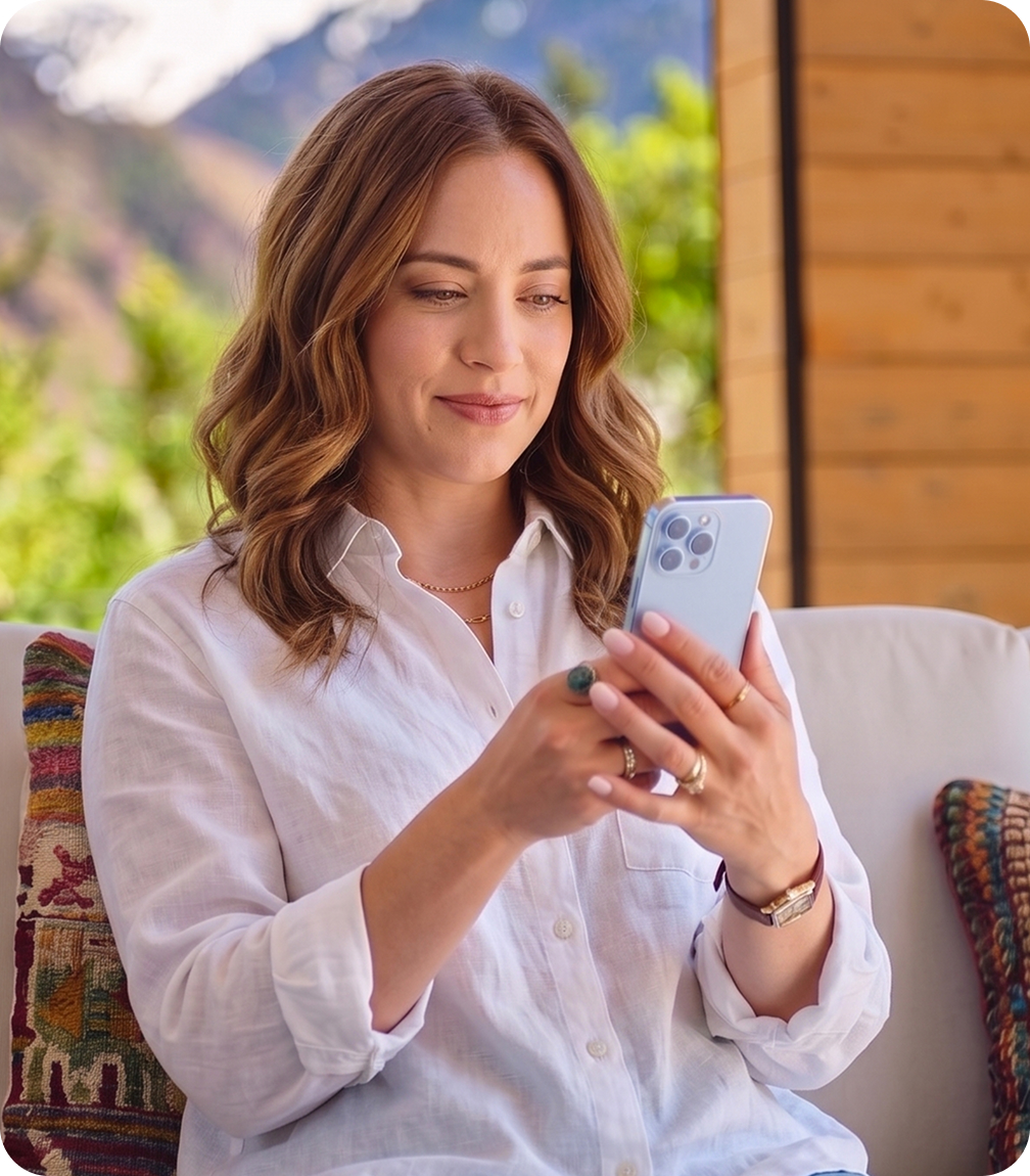 Mother reading a message on her phone