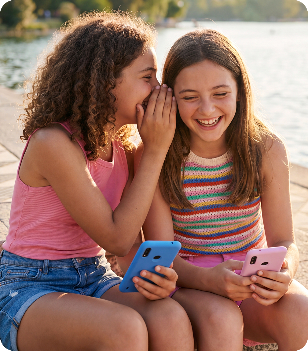 Two girls whispering to each other outdoors