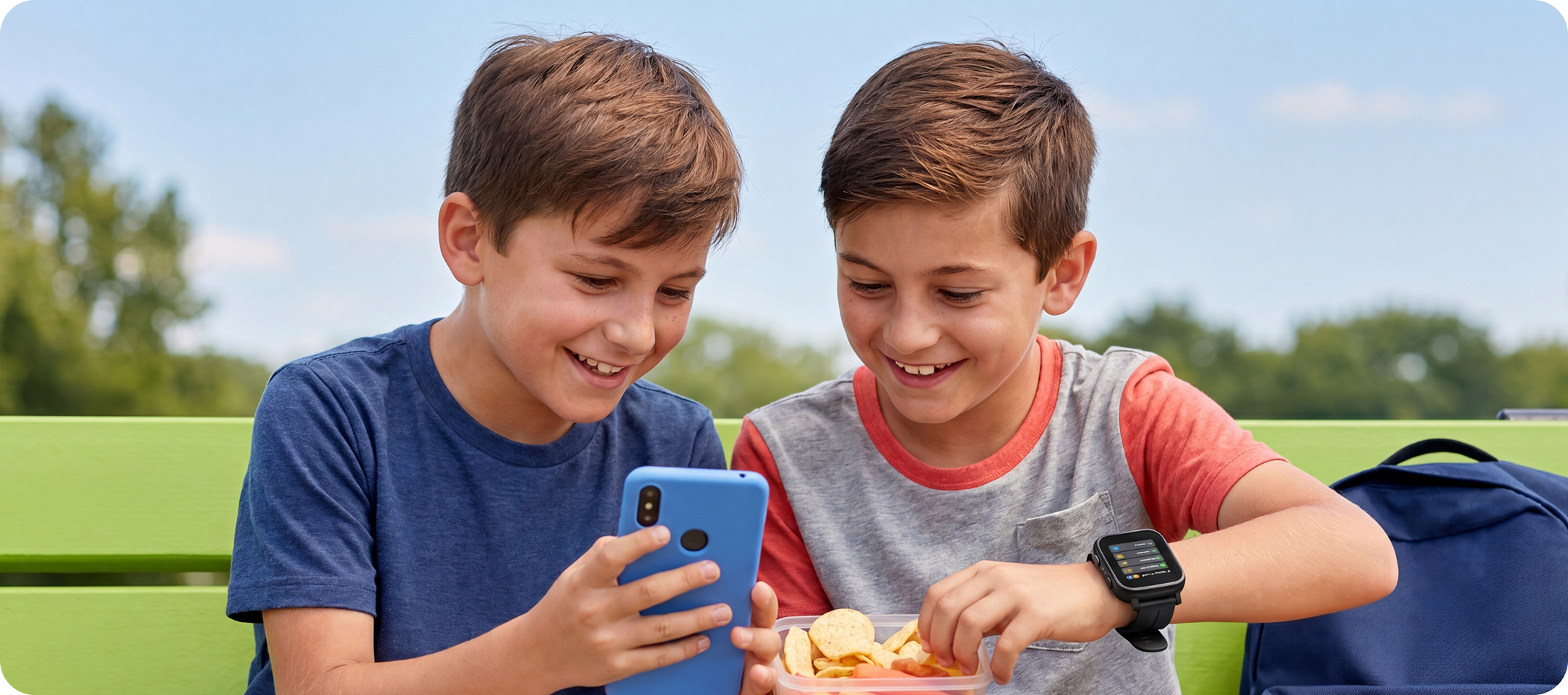 Two boys on a bench sharing a Gabb phone