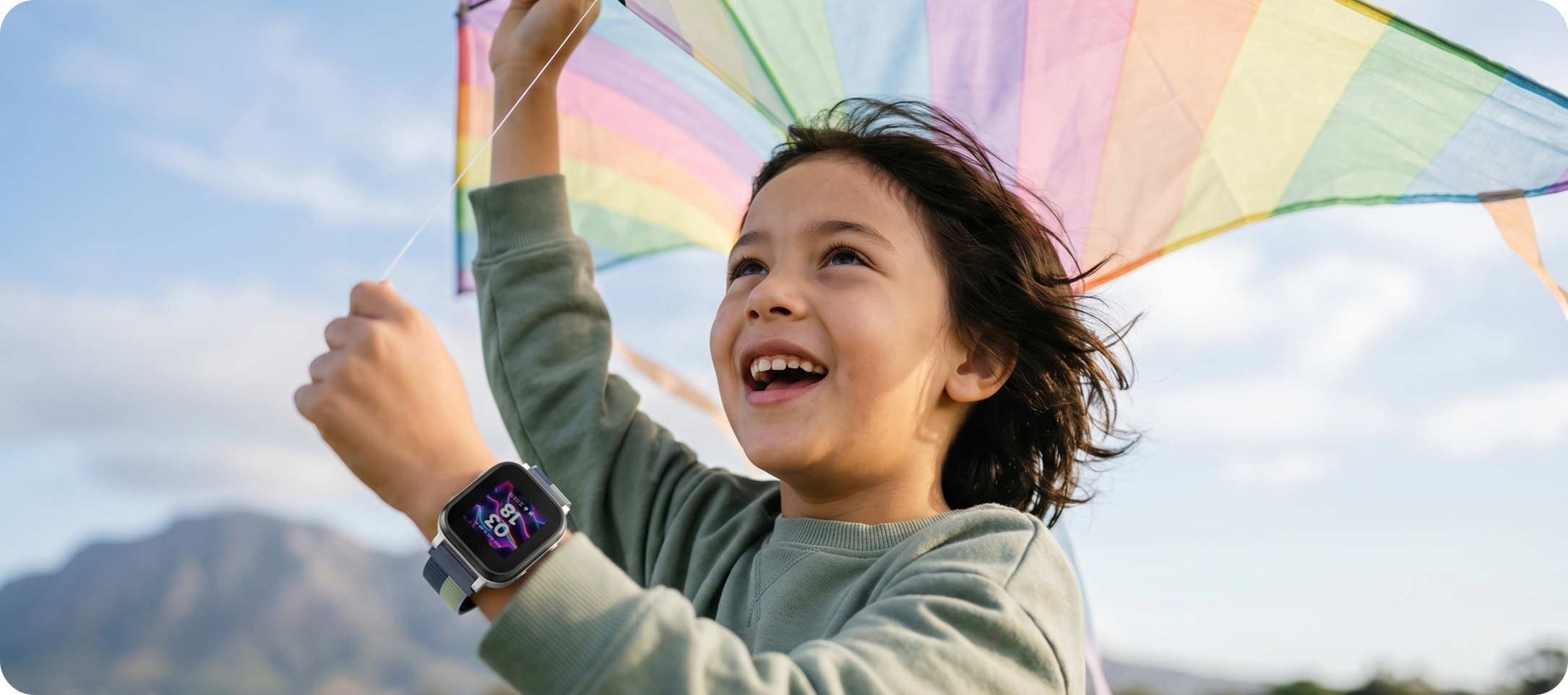 Girl flying a kite while wearing a Gabb watch