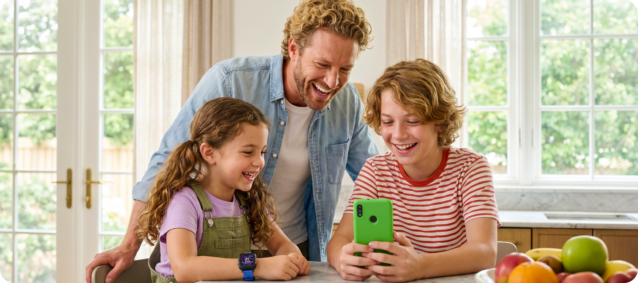 Dad and two kids looking at a Gabb phone together