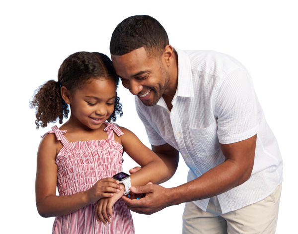a dad helping his young daughter put on her Gabb Watch