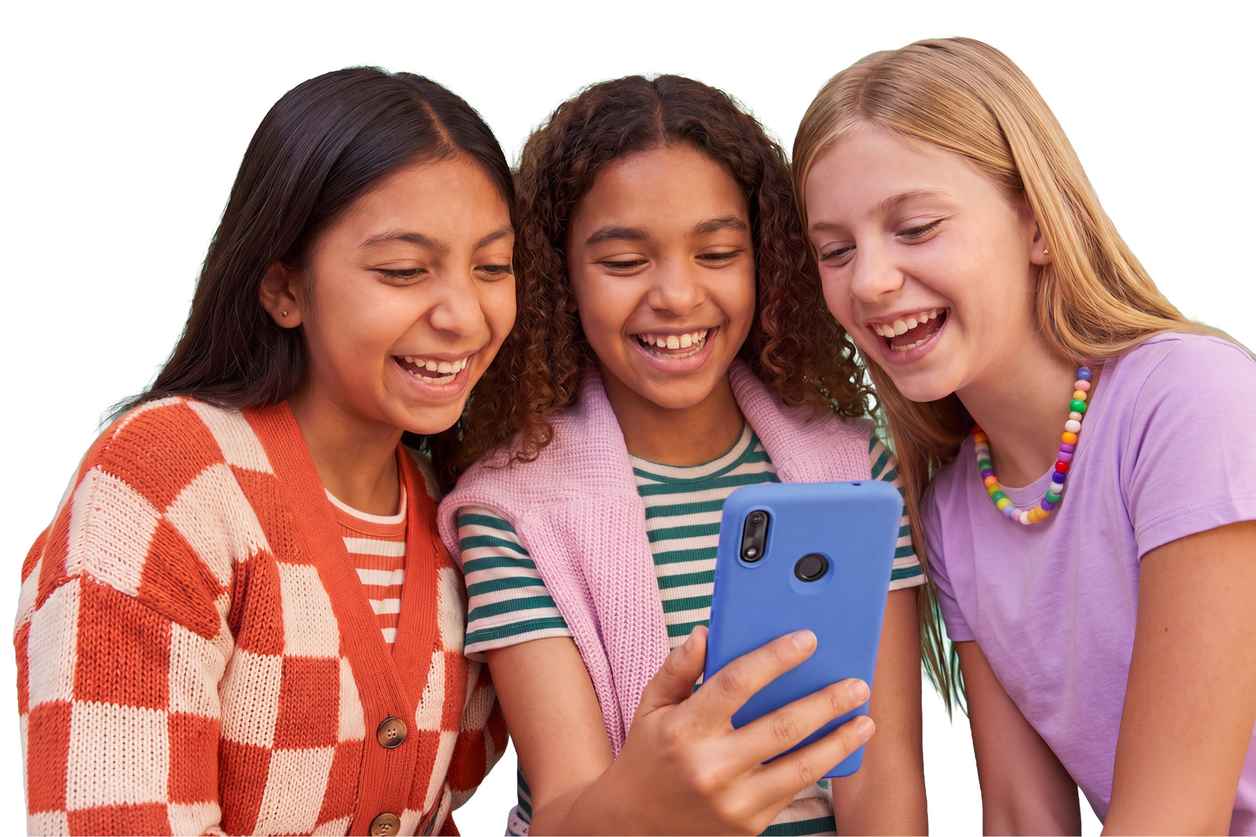 Three girls laughing together while looking at a Gabb phone