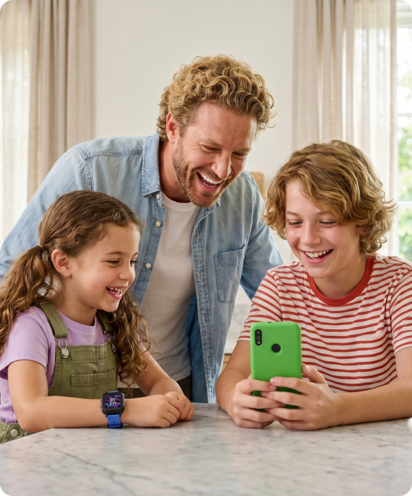 a dad and his two kids looking at a Gabb Phone together at the kitchen counter