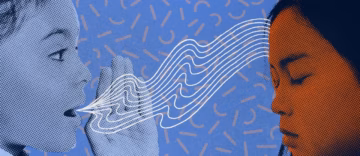 Collage of one person whispering through a cupped hand to another who listens calmly with eyes closed, linked by flowing lines.