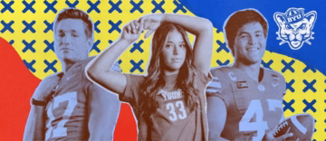 Three BYU student athletes in team jerseys, with the BYU Cougar logo.